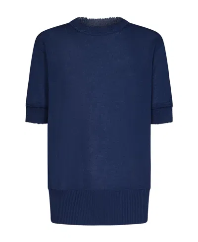 Maison Margiela Ripped-edge Knitted T-shirt In Blue