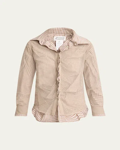 Maison Margiela Ruched Hybrid Check Button Down Blouse In Camel