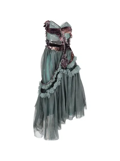Pre-owned Maison Margiela Ruffle-trimmed Velvet Midi Dress In 蓝色