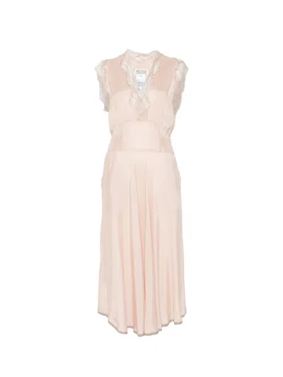 Maison Margiela Belted Lace Dress Knee Length V Neckline In Pink