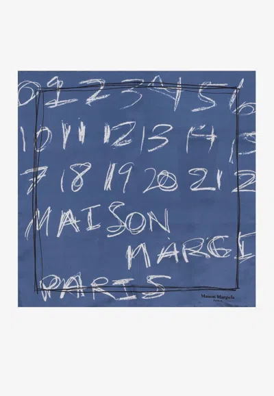 Maison Margiela Scribbled Numerical Silk Scarf In Blue