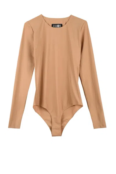 Maison Margiela Seamless Long-sleeved Bodysuit With Round Neckline In Brown