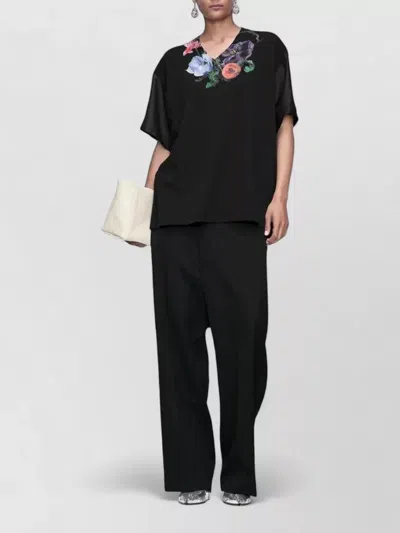 Maison Margiela Short Sleeve V Neck Relaxed Shirt Satin Floral In Black