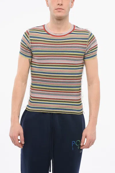 Maison Margiela Short-sleeved Reverse Crew Neck Sweater With Striped Motif In Multi