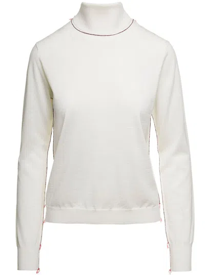 MAISON MARGIELA WHITE HIGH NECK SWEATER WITH CONTRASTING STITCHING IN WOOL WOMAN