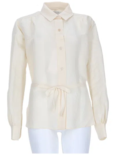 Maison Margiela Silk And Cotton Blend Blouse With Classic Collar And Puffed Sleeves In Neutral