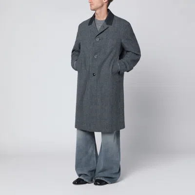 Maison Margiela Single-breasted Black/white Wool Blend Coat In Blue