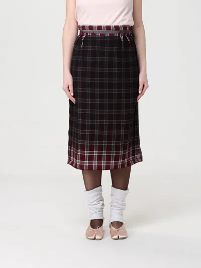 Maison Margiela Womens Burgundy White Tartan-check Wool-blend Midi Skirt In Black