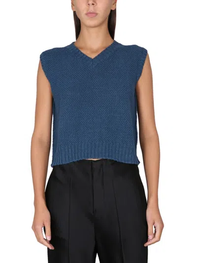 Maison Margiela Sleeveless V-neck Basket Stitch Mini Sweatshirt In Multi