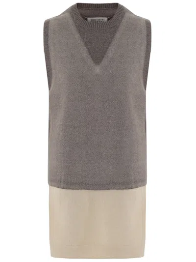 Maison Margiela Sleeveless Wool Vest With Color-block Design In Grey