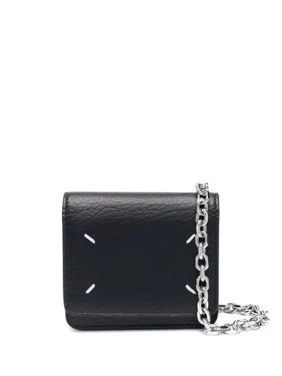 Maison Margiela Black Wallet With Silver-tone Chain And Stitching Detail In Leather Woman