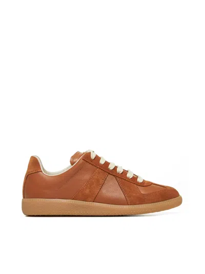 Maison Margiela Replica Brown Low Top Sneakers With Suede Details And Logo On The Tongue In Leather Woman