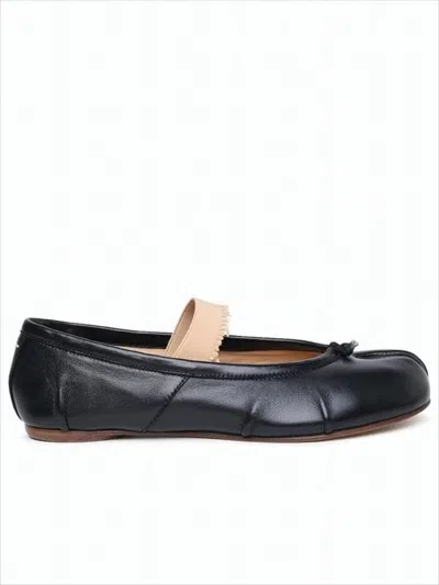 Maison Margiela Split-toe Black Leather Flats With Beige Strap Detail