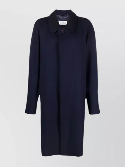 Maison Margiela Straight Cut Single-breasted Black Coat With Signature Logo In Blue