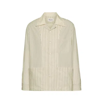 Maison Margiela Cotton Striped Pajama Shirt With Patchwork Details In Gray