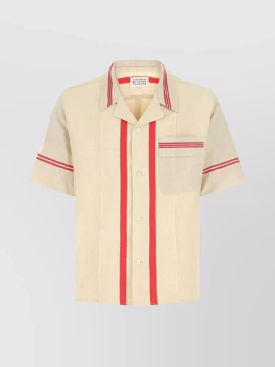 Maison Margiela Striped Cotton Shirt With Short Sleeves And Chest Pocket In Cream