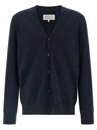 Maison Margiela V-neckline Suede Patch Cardigan With Elbow Patches In Blue