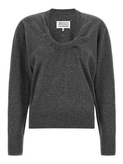 Maison Margiela Merino Wool With Gathered Neckline Sweater In Gray