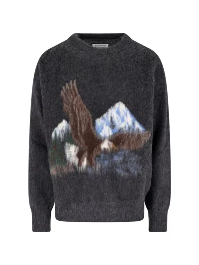 Maison Margiela Intarsia Knit Sweater With Eagle Design And Four Stitches In Gray