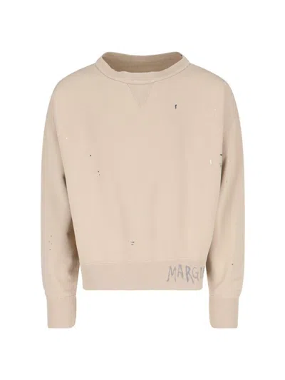Maison Margiela Graffiti-embellished Crewnet Sweatshirt With Distressed Finish In Neutral
