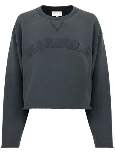 Maison Margiela Crew Neck Cropped Sweatshirt With Frayed Detailing In Black