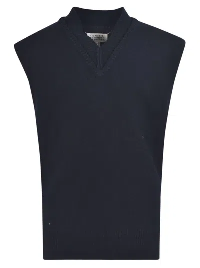 Maison Margiela Blue Knitted Wool Blend Vest In Black