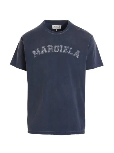 Maison Margiela Blue Crewneck T-shirt With Logo Lettering Print In Cotton Woman