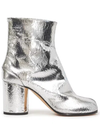 Maison Margiela Metallic Leather Tabi Ankle Block Heel Boots In Silver