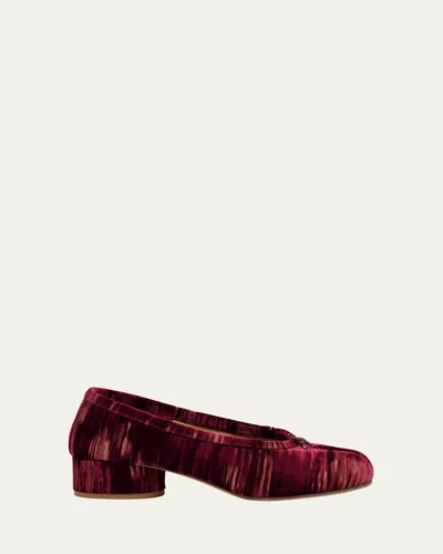 Maison Margiela Tabi Ballerina Split-toe Distressed Velvet Pumps In Burgundy