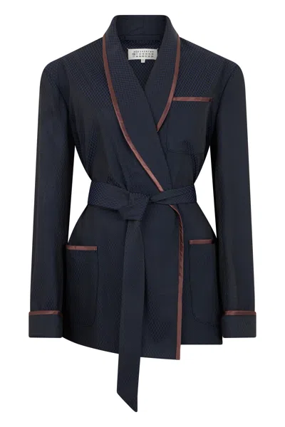 Maison Margiela Tailored Wool-blend V-neck Jacket With Waist Belt And Side Pockets In Blue