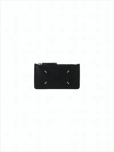 Maison Margiela Textured Calf Leather Wallet With Zippered Closure And Stitch Accents In Black