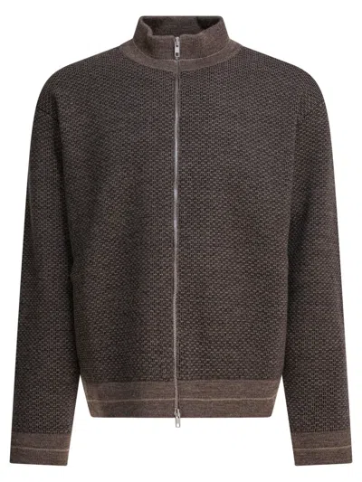 Maison Margiela Textured Knit Zip-up Sweater In Brown