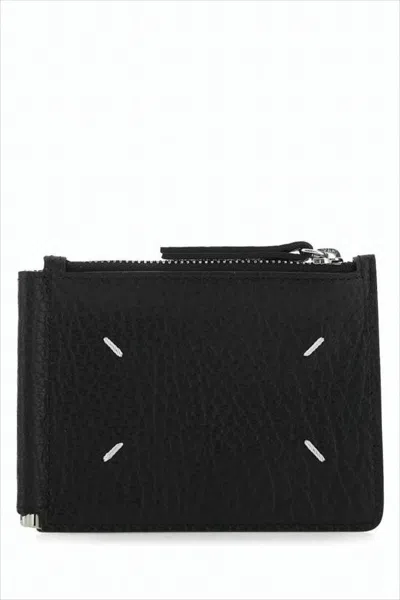 Maison Margiela Textured Leather Card Wallet With Zip Compartment And Signature Stitching In Black