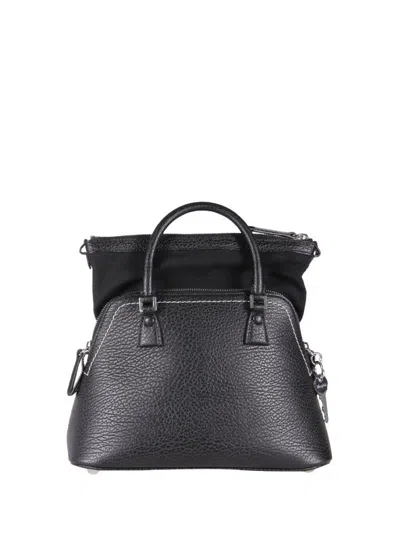 Maison Margiela Trapezoidal Textured Leather Tote Bag With Distinctive White Label In Gray