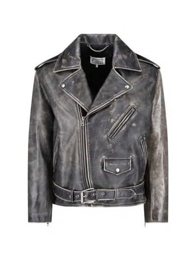 Maison Margiela Distressed Black Suede Biker Jacket With Asymmetrical Zip Closure In Multi