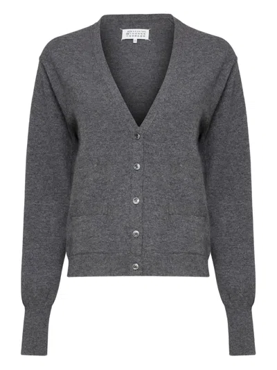 Maison Margiela V Neck Wool Cardigan Long Sleeves Pockets In Gray