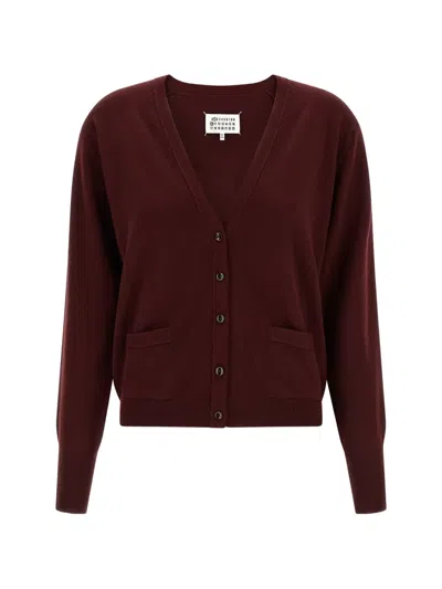 Maison Margiela Four Stitches Knit Cardigan Front Pockets In Burgundy