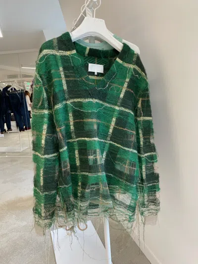 Maison Margiela V-neck Checkered Sweater In Green