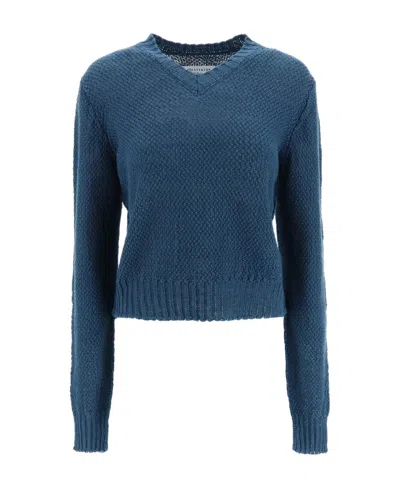 Maison Margiela V-neck Open-knit Jumper In Blue