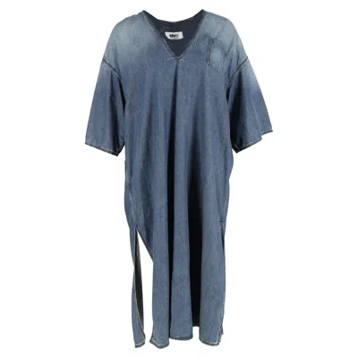 Maison Margiela V-neck Side Slit Midi Dress In Cotton Denim In Blue