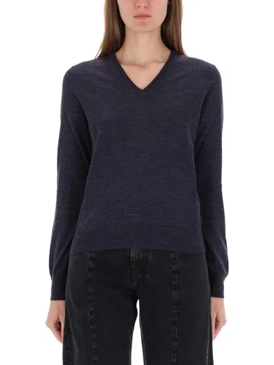 Maison Margiela Relaxed-fit V-neck Sweater With Subtle Stitching Details In Blue