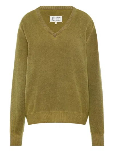 Maison Margiela Green Virgin Wool V-neck Sweater