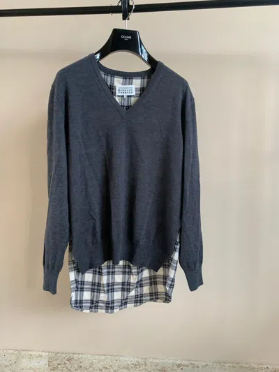 Pre-owned Maison Margiela V Neck Sweater With Plaid Contrast In Grey
