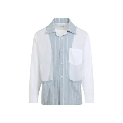Maison Margiela Patchwork Pinstripe Shirt Man White In Blue