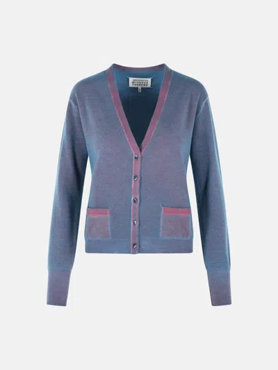 Maison Margiela Virgin Wool Cardigan With Light Blue And Red V-neck