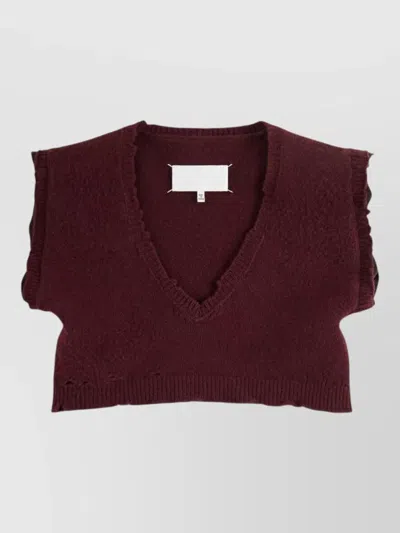 Maison Margiela Virgin Wool Distressed Cropped V-neck Sleeveless Ribbed Knitted Top In Red