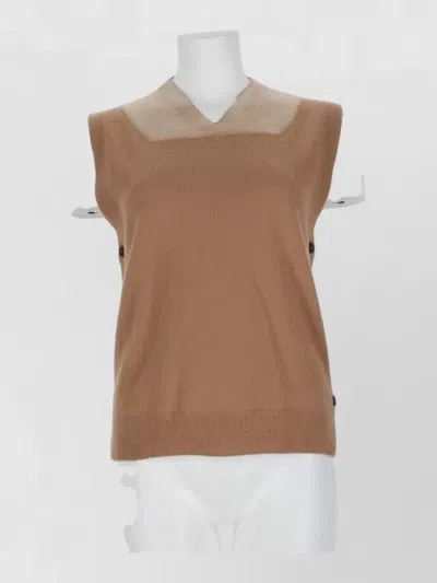 Maison Margiela Sleeveless Virgin Wool Gilet With Ribbed Hem In Brown