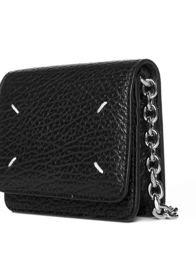 Maison Margiela Black Wallet With Silver-tone Chain And Stitching Detail In Leather Woman
