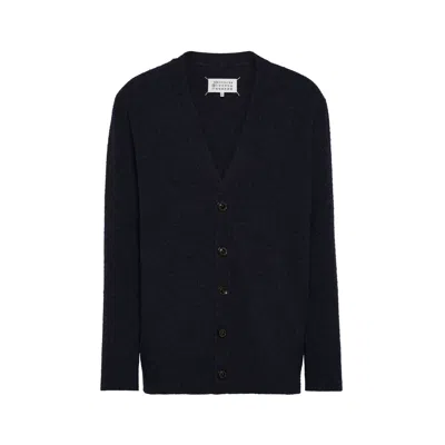 Maison Margiela Washed Lambswool Cardigan Man Navy In Black