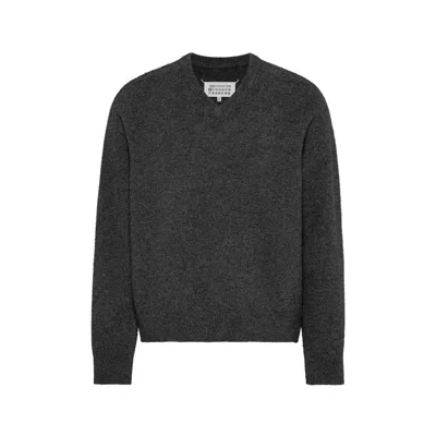Maison Margiela Washed Lambswool V-neck Sweater Man Charcoal In Black